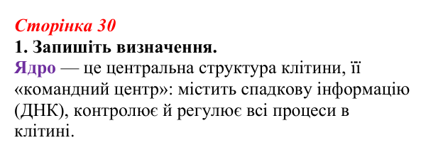 Відповідь до завдання 1 (с. 30) з біології для 9 класу, Тагліна 2026, робочий зошит: Ядро, ендоплазматична сітка, апарат...