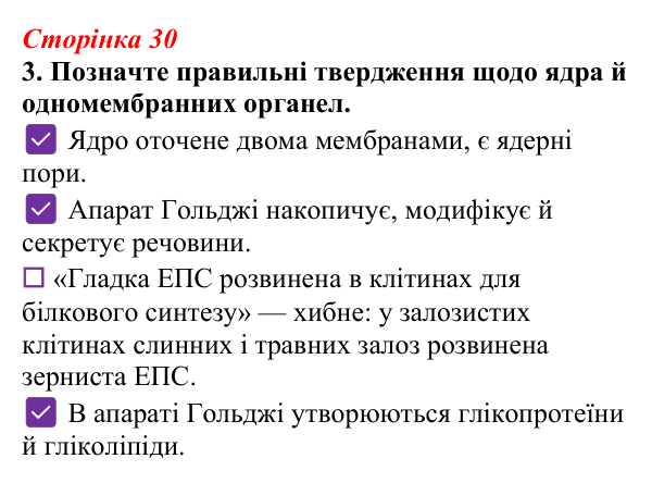 Відповідь до завдання 3 (с. 30) з біології для 9 класу, Тагліна 2026, робочий зошит: Ядро, ендоплазматична сітка, апарат...