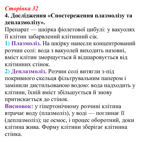 Відповідь до завдання 4 (с. 32) з біології для 9 класу, Тагліна 2026, робочий зошит: Осмос, плазмоліз і деплазмоліз, вакуолі