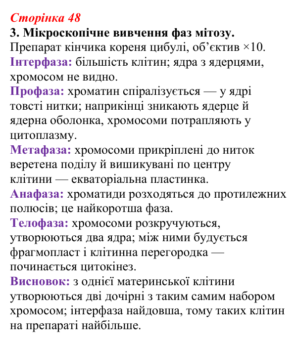 Відповідь до завдання 3 (с. 48) з біології для 9 класу, Тагліна 2026, робочий зошит: Життєвий цикл клітин, мітоз
