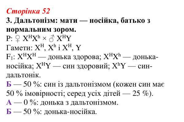 Відповідь до завдання 3 (с. 52) з біології для 9 класу, Тагліна 2026, робочий зошит: Успадкування, зчеплене зі статтю...