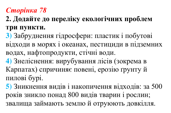 Відповідь до завдання 2 (с. 78) з біології для 9 класу, Тагліна 2026, робочий зошит: Екологічні проблеми, охорона природи
