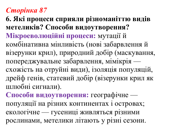 Відповідь до завдання 6 (с. 87) з біології для 9 класу, Тагліна 2026, робочий зошит: Мікроеволюція, способи видоутворення