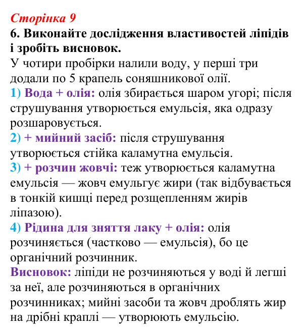 Відповідь до завдання 6 (с. 9) з біології для 9 класу, Тагліна 2026, робочий зошит: Структура та біологічна роль ліпідів