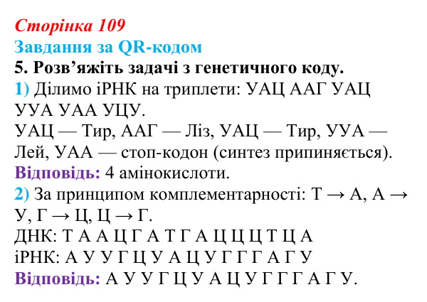 Відповідь до завдання за QR-кодом, завдання 5 (с. 109) з біології для 9 класу, Тагліна 2026: Молекулярна генетика...