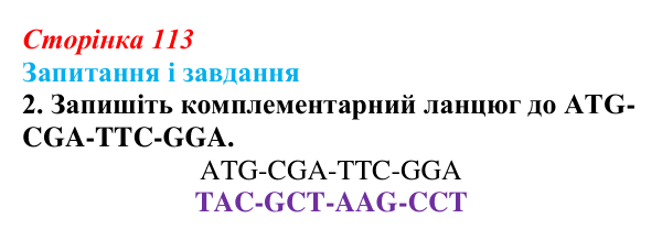 Відповідь до завдання 2 (с. 113) з біології для 9 класу, Тагліна 2026: Молекулярна генетика, подвоєння ДНК, генетичний код