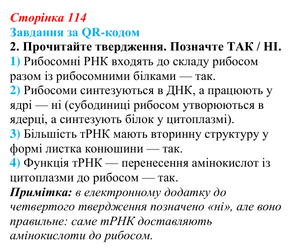 Відповідь до завдання за QR-кодом, завдання 2 (с. 114) з біології для 9 класу, Тагліна 2026: Типи РНК, синтез білка
