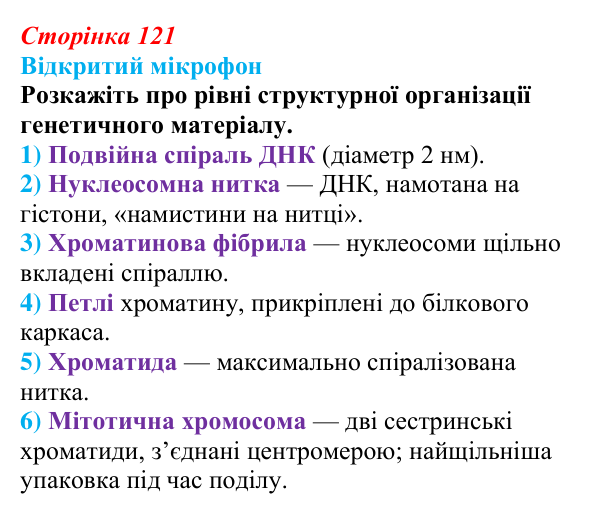 Відповідь до рубрики «Відкритий мікрофон» (с. 121) з біології для 9 класу, Тагліна 2026: Цитогенетика, будова хромосом...