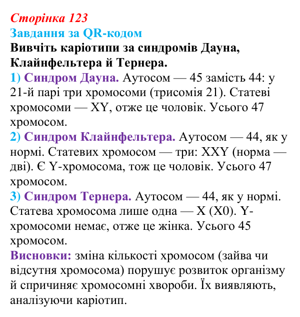Відповідь до завдання за QR-кодом (с. 123) з біології для 9 класу, Тагліна 2026: Цитогенетика, будова хромосом, каріотип