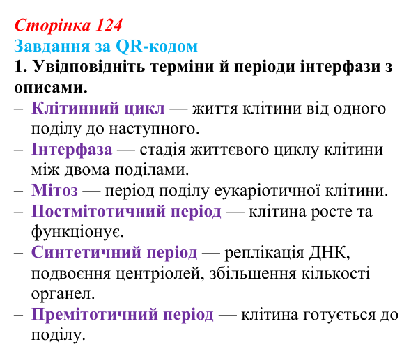 Відповідь до завдання за QR-кодом, завдання 1 (с. 124) з біології для 9 класу, Тагліна 2026: Життєвий цикл клітин, мітоз