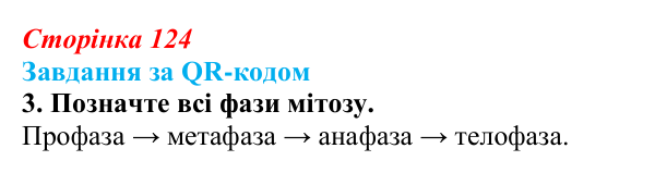 Відповідь до завдання за QR-кодом, завдання 3 (с. 124) з біології для 9 класу, Тагліна 2026: Життєвий цикл клітин, мітоз