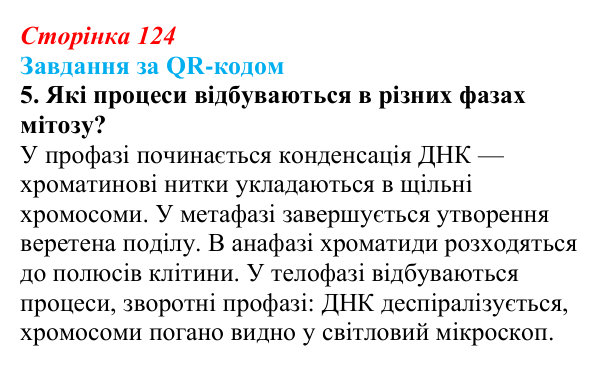 Відповідь до завдання за QR-кодом, завдання 5 (с. 124) з біології для 9 класу, Тагліна 2026: Життєвий цикл клітин, мітоз