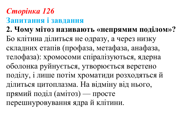 Відповідь до завдання 2 (с. 126) з біології для 9 класу, Тагліна 2026: Життєвий цикл клітин, мітоз