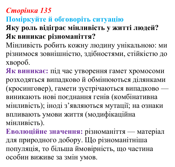 Відповідь до ситуації для обговорення (с. 135) з біології для 9 класу, Тагліна 2026: Форми мінливості