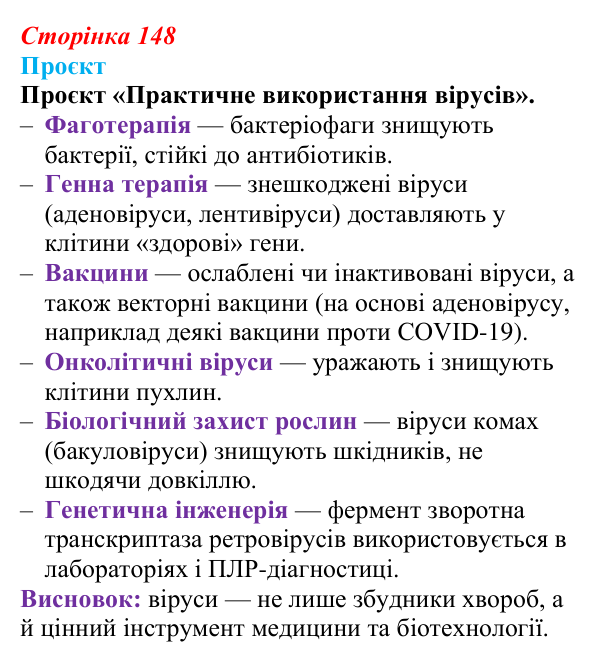 Відповідь до проєкту (с. 148) з біології для 9 класу, Тагліна 2026: Віруси
