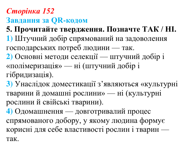 Відповідь до завдання за QR-кодом, завдання 5 (с. 152) з біології для 9 класу, Тагліна 2026: Одомашнення (доместикація)