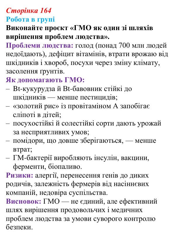 Відповідь до роботи в групі (с. 164) з біології для 9 класу, Тагліна 2026: Сучасна біотехнологія, генна і клітинна інженерія