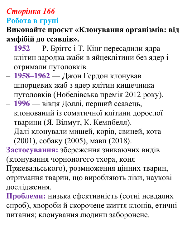 Відповідь до роботи в групі (с. 166) з біології для 9 класу, Тагліна 2026: Сучасна біотехнологія, генна і клітинна інженерія