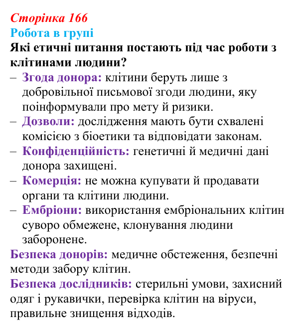Відповідь до роботи в групі (с. 166) з біології для 9 класу, Тагліна 2026: Сучасна біотехнологія, генна і клітинна інженерія