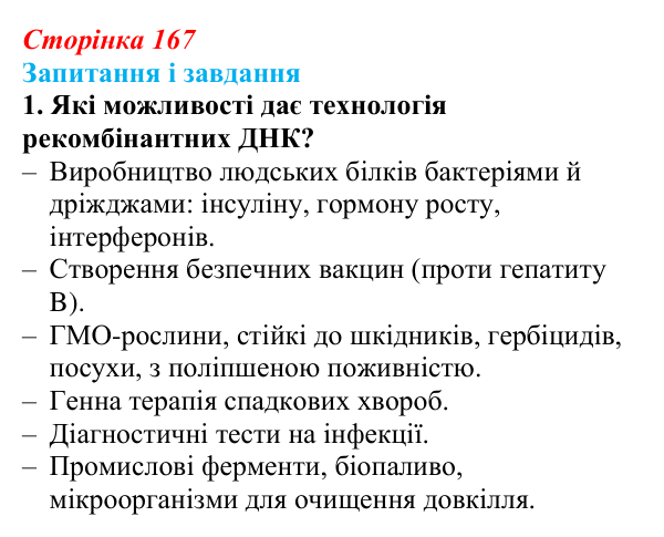 Відповідь до завдання 1 (с. 167) з біології для 9 класу, Тагліна 2026: Сучасна біотехнологія, генна і клітинна інженерія