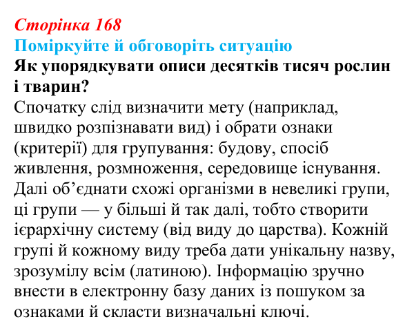 Відповідь до ситуації для обговорення (с. 168) з біології для 9 класу, Тагліна 2026: Біологічна систематика