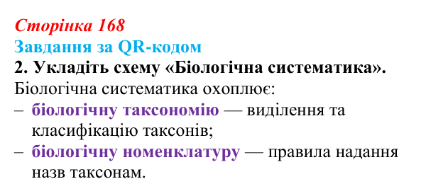 Відповідь до завдання за QR-кодом, завдання 2 (с. 168) з біології для 9 класу, Тагліна 2026: Біологічна систематика