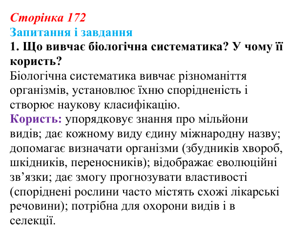 Відповідь до завдання 1 (с. 172) з біології для 9 класу, Тагліна 2026: Біологічна систематика