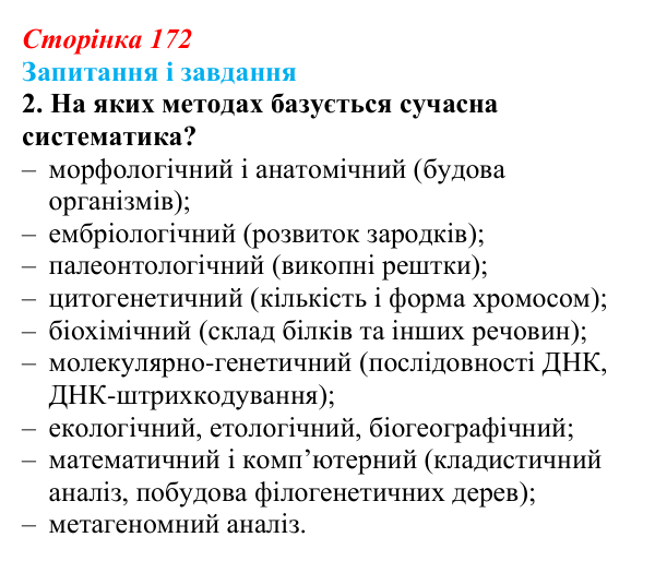 Відповідь до завдання 2 (с. 172) з біології для 9 класу, Тагліна 2026: Біологічна систематика