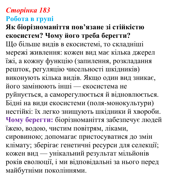 Відповідь до роботи в групі (с. 183) з біології для 9 класу, Тагліна 2026: Різноманіття рослин і тварин, збереження...