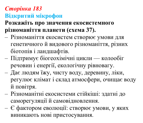 Відповідь до рубрики «Відкритий мікрофон» (с. 183) з біології для 9 класу, Тагліна 2026: Різноманіття рослин і тварин...