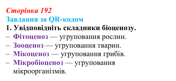 Відповідь до завдання за QR-кодом, завдання 1 (с. 192) з біології для 9 класу, Тагліна 2026: Екосистеми, агроценози...