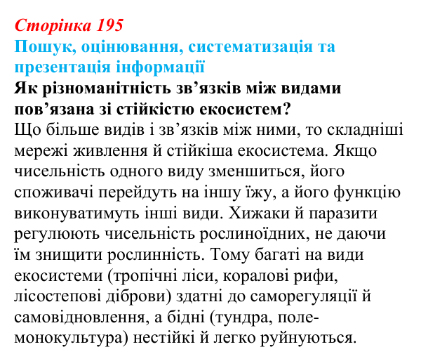 Відповідь до завдання на пошук (с. 195) з біології для 9 класу, Тагліна 2026: Екосистеми, агроценози, трофічні ланцюги...
