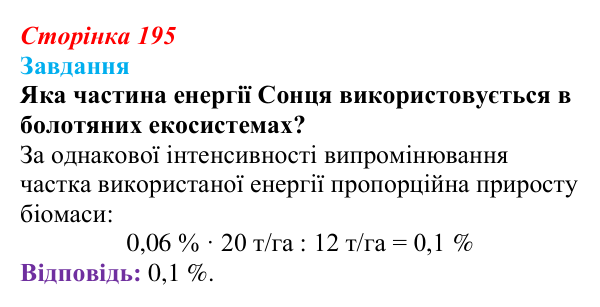 Відповідь до завдання до тексту (с. 195) з біології для 9 класу, Тагліна 2026: Екосистеми, агроценози, трофічні ланцюги...