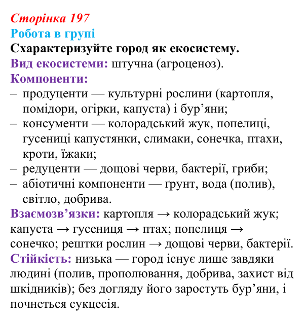 Відповідь до роботи в групі (с. 197) з біології для 9 класу, Тагліна 2026: Екосистеми, агроценози, трофічні ланцюги...