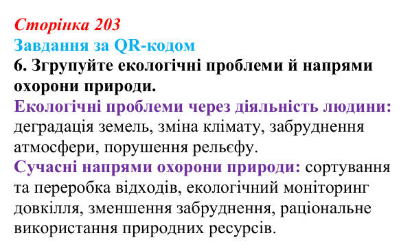 Відповідь до завдання за QR-кодом, завдання 6 (с. 203) з біології для 9 класу, Тагліна 2026: Екологічні проблеми, охорона...