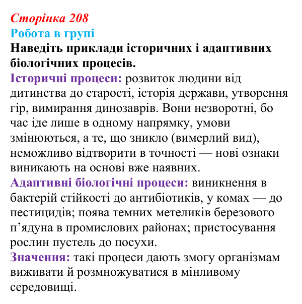 Відповідь до роботи в групі (с. 208) з біології для 9 класу, Тагліна 2026: Еволюційна ідея в біології