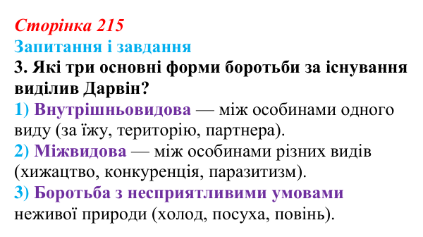 Відповідь до завдання 3 (с. 215) з біології для 9 класу, Тагліна 2026: Еволюційна теорія Дарвіна, докази еволюції