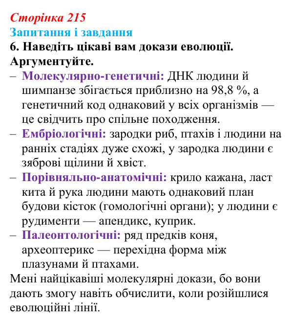 Відповідь до завдання 6 (с. 215) з біології для 9 класу, Тагліна 2026: Еволюційна теорія Дарвіна, докази еволюції