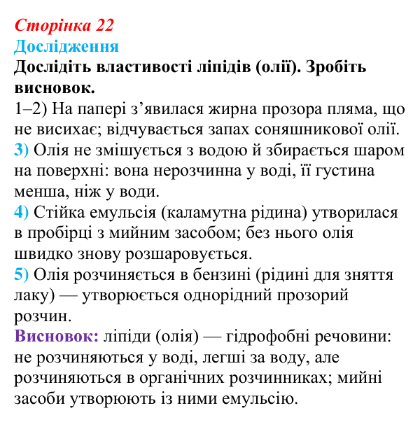 Відповідь до дослідження (с. 22) з біології для 9 класу, Тагліна 2026: Структура та біологічна роль ліпідів