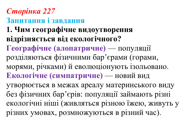 Відповідь до завдання 1 (с. 227) з біології для 9 класу, Тагліна 2026: Мікроеволюція, способи видоутворення
