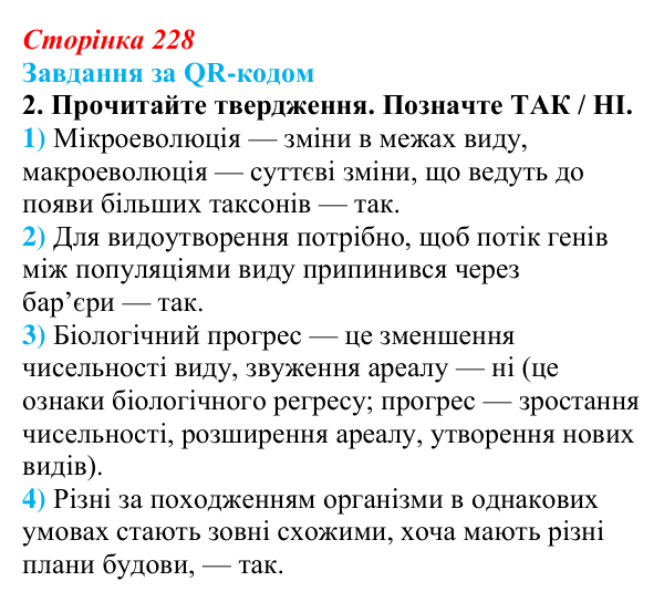 Відповідь до завдання за QR-кодом, завдання 2 (с. 228) з біології для 9 класу, Тагліна 2026: Макроеволюція, біологічний...