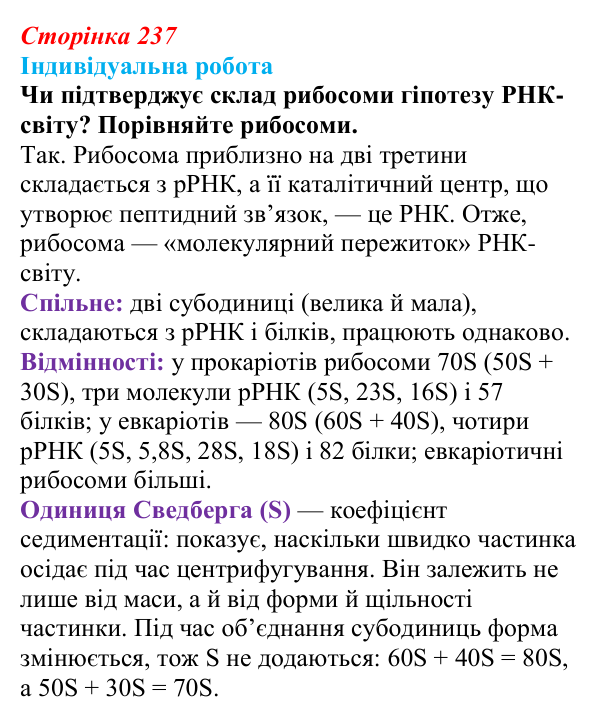 Відповідь до індивідуальної роботи (с. 237) з біології для 9 класу, Тагліна 2026: Походження і розвиток життя, РНК-світ...
