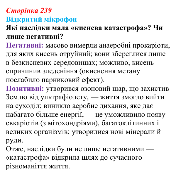 Відповідь до рубрики «Відкритий мікрофон» (с. 239) з біології для 9 класу, Тагліна 2026: Походження і розвиток життя...