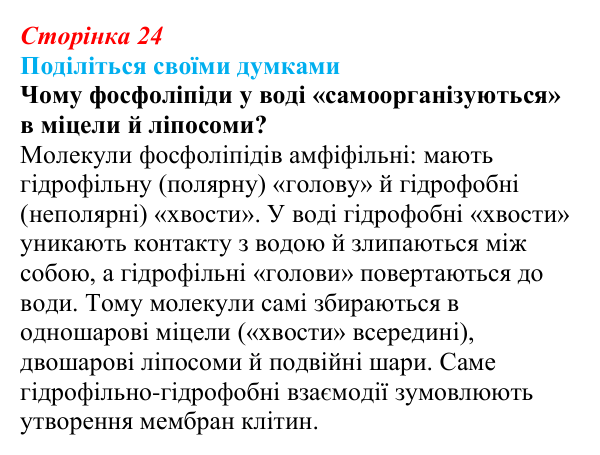 Відповідь до запитання «Поділіться думками» (с. 24) з біології для 9 класу, Тагліна 2026: Структура та біологічна роль...
