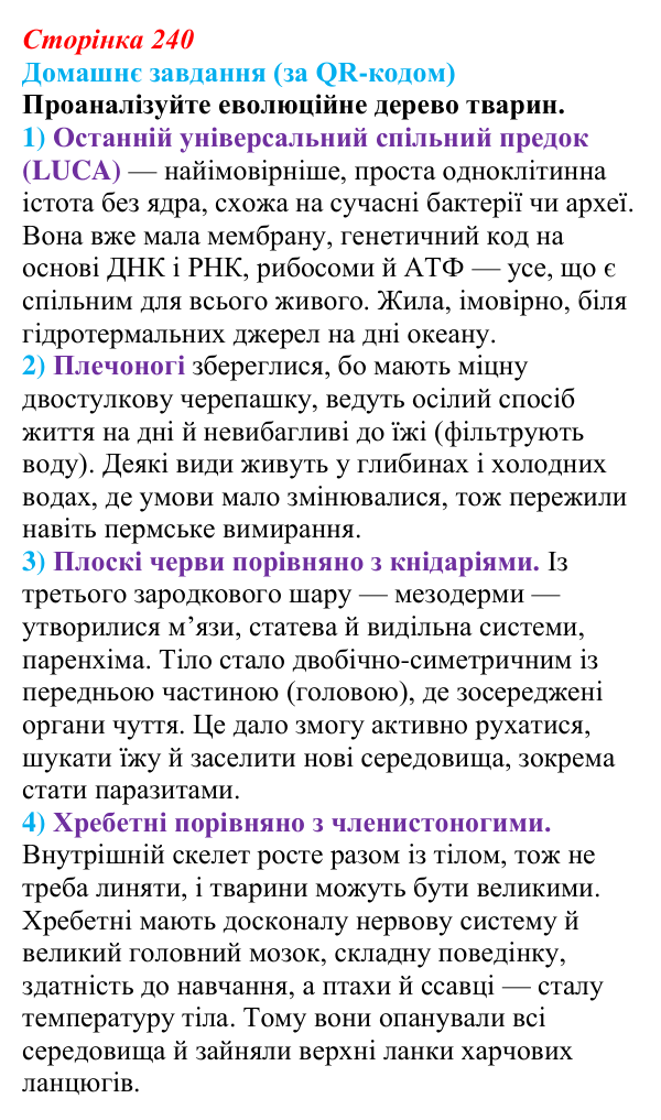 Відповідь до домашнього завдання за QR-кодом (с. 240) з біології для 9 класу, Тагліна 2026: Еволюція евкаріотів, рослин...