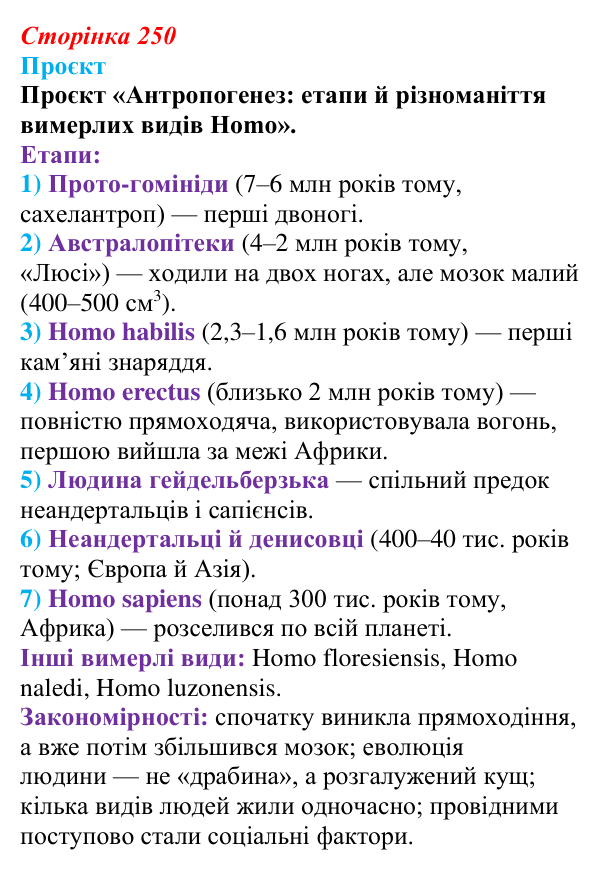 Відповідь до проєкту (с. 250) з біології для 9 класу, Тагліна 2026: Еволюція людини (антропогенез)