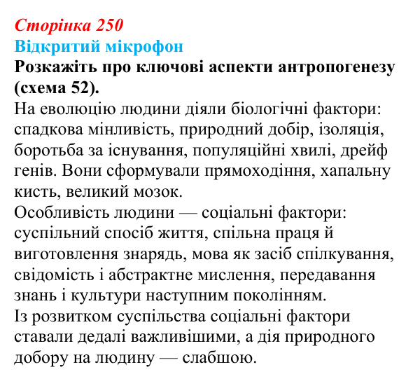Відповідь до рубрики «Відкритий мікрофон» (с. 250) з біології для 9 класу, Тагліна 2026: Еволюція людини (антропогенез)