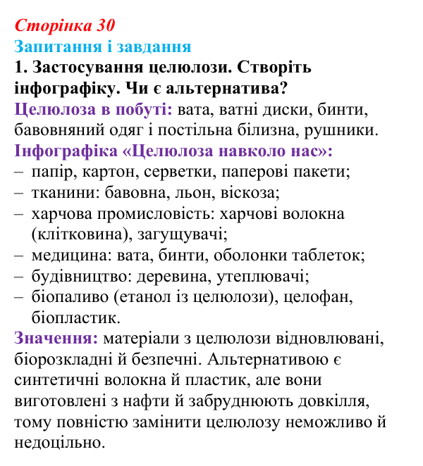Відповідь до завдання 1 (с. 30) з біології для 9 класу, Тагліна 2026: Структура та біологічні функції вуглеводів