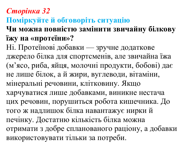 Відповідь до ситуації для обговорення (с. 32) з біології для 9 класу, Тагліна 2026: Структура та біологічні функції білків