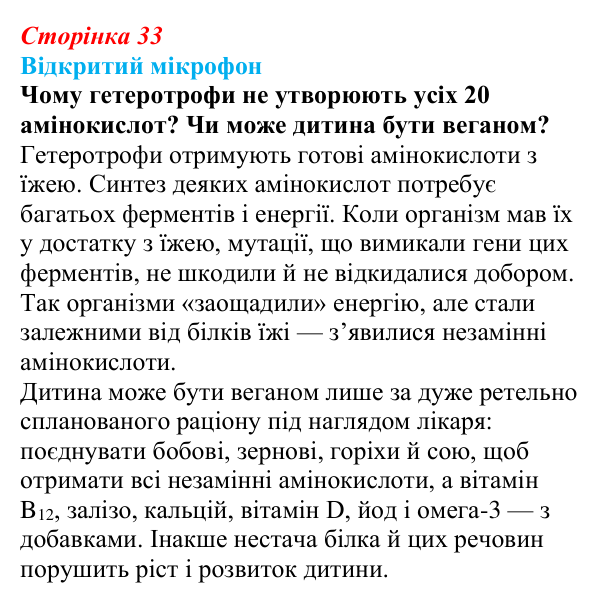 Відповідь до рубрики «Відкритий мікрофон» (с. 33) з біології для 9 класу, Тагліна 2026: Структура та біологічні функції...